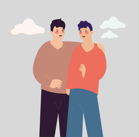 Two young men embrace and hug each other and have a funny conversation. Father and son, friends, workmates or family meeting. Happy friendship or day. Males talking and enjoying their time together.のイラスト素材