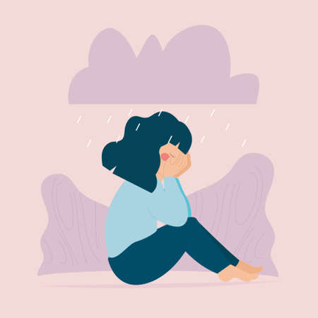 Woman sitting and crying because of anxiety or panic attack. Girl with seasonal affective disorder. female with mental disorder problem. Concept of negative emotions and feelings. Vector illustration.のイラスト素材