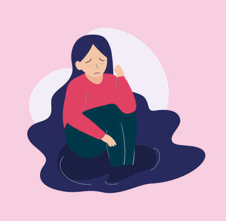 Stressed female wallows in her negative thoughts. Upset girl sits in a puddle full of tears and sadness. melancholic woman immersed herself in sorrow. Mental health disorders, depression and stress.のイラスト素材