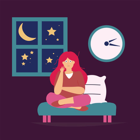 Young woman suffering from headache due to insomnia. Sleepless girl in bedroom feeling tired because of sleep disorder. Sleeplessness and Mental health disorder concept. Flat vector illustration.のイラスト素材