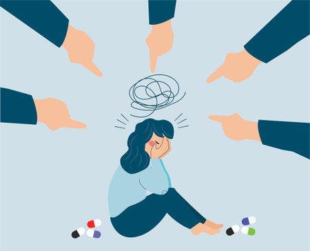 Flat character of a stressed girl . Abused oppressed young female puts her hands on face because of fingers pointed at her. Sad woman prisoner of sorrow. Bullying female with mental disorder issues.のイラスト素材