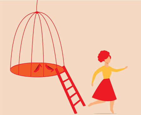 Woman escaping from a bird cage. Female steps out of prison. Girl getting out of a locked space. Concept of freedom, mental health issues, rehabilitation, taking new opportunities and chalenges.のイラスト素材