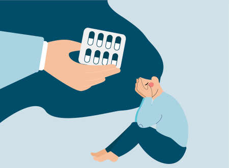 A hand gives meds and sedatives to a woman to get rid of negative thoughts. Addicted female covering her face. Lonely girl needs support because of depression stress. Mental health psychology concept.のイラスト素材