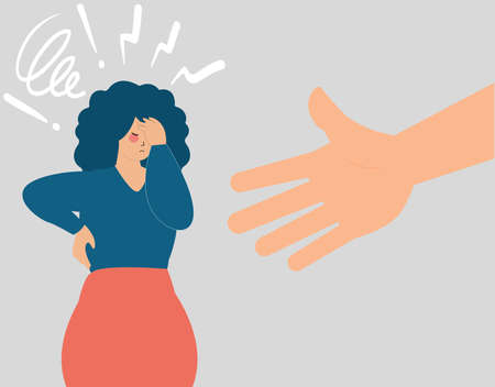 Woman gets help to get rid of stress and anxiety. A sad girl stands up, covers her face and looks depressed and lost. Human hand, support and care, mental health, addiction recovery disorders concept.のイラスト素材
