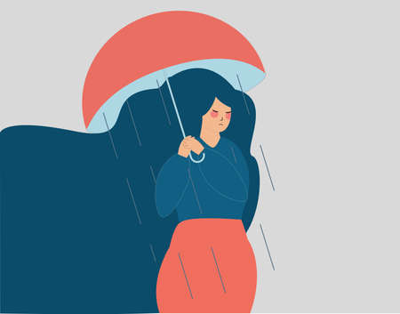 A woman with depression holds an umbrella which does not protect her from the foggy weather and rain. Stressed girl in a sad situation. Mental health, negative emotional state, inner world concept.のイラスト素材