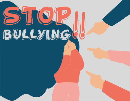 School girl get bullied by her classmates and covers her face with her hands to protect herself. Children surrounded a woman and abuse her by pointing fingers at her. Human behavior, mental health.のイラスト素材