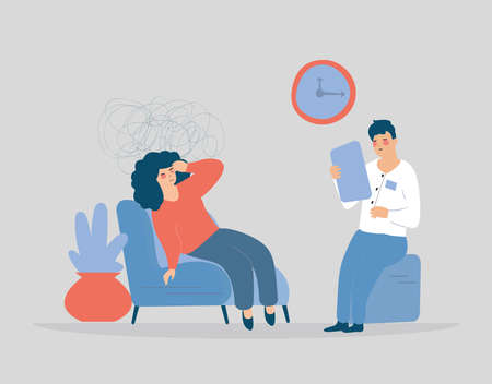 Woman sitting in armchair talking with her doctor to get help. Psychologist supports a girl with depression stress anxiety. Concept of counseling, therapy, rehabilitation. Vector illustrationのイラスト素材