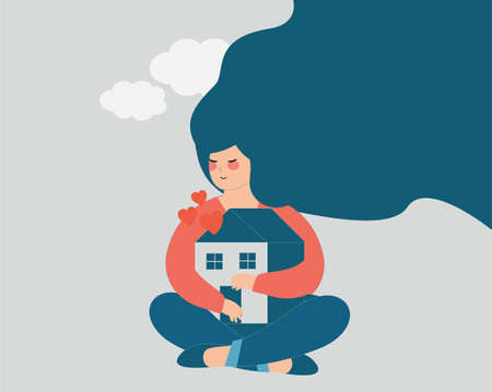 Woman hugs and embraces her home with care and love. Mother with long hair protects her house. Motherhood, children, positive parenting, stay home, housewife, family support Concept. Flat vector styleのイラスト素材