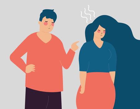 Man blames a woman and points his finger at her. Wife Feeling sad, stressed, abused, nervous because of her husband harassment. mental disorder issues, couple domestic violence, stop bullying concept.のイラスト素材