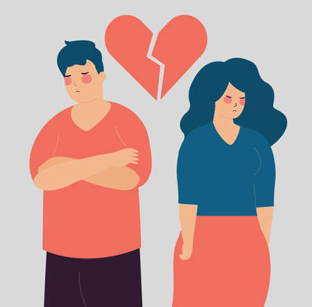 Couple quarrel, argue, fight. Family life between husband and wife. heartbroken sad young man and woman wants a divorce. Love, marriage breakup, relationships, separation concept. Vector illustration.のイラスト素材