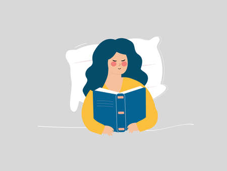 Young girl sitting in bed while reading a book. Teenage girl reads before going to sleep. Woman lying on the bed and read her diary. Mental health disorder, Joy of being missing out, therapy session.のイラスト素材
