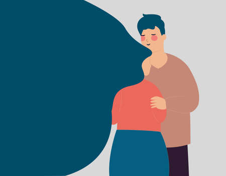 Man consoles or embraces with care and empathy her stressed friend. Father supports or hugs her daughter in a difficult time. Boyfriend calms his girl who needs help. Mental health, depression conceptのイラスト素材