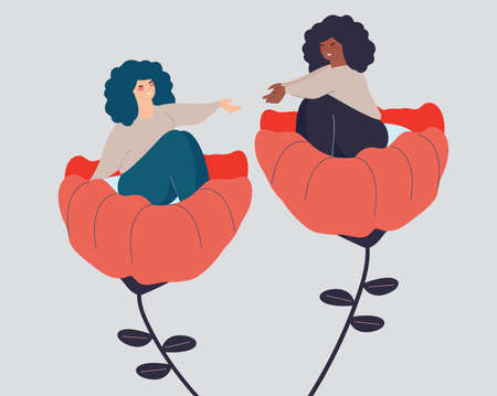 Adolescent black woman or girl extends her hand to support her best friend who needs help. Concept of friendship, mental health, empathy, multiculturalism, psychological problems. Vector illustration.のイラスト素材
