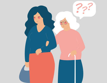 Young woman caring her grandma with stick. Social help. Care senior, volunteer works with elderly helps supports them. Old people, memory loss, dementia, Alzheimer mental health disorder concept.のイラスト素材