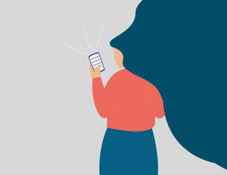 Girl surfing on the internet on her mobile. Young woman reads the news on her smartphone. Concept of communication via the phone, fear of missing out, social media addiction. Vector illustration.のイラスト素材