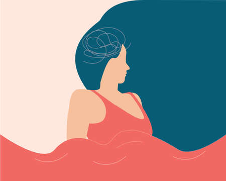Woman stands in the choppy water feeling lost and stressed. Depressed girl with flying hair looks confused. Concept of mental health disorders, psychological problems or disease. Vector illustrationのイラスト素材