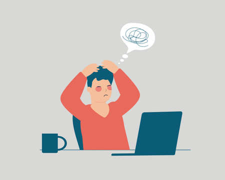 Professional man sits in front of his computer and feeling tired. Young businessman or employee feeling confused sad. Mental health disorder, anxiety, depression, stress concept. Vector illustration.のイラスト素材