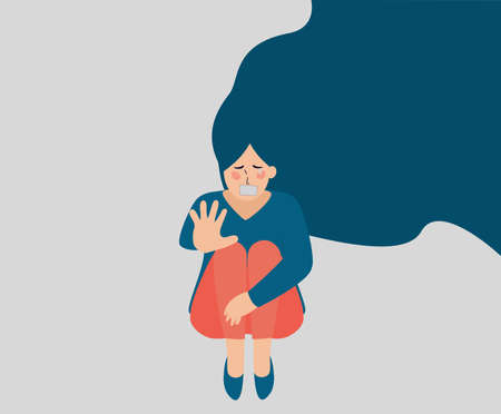 Flat abused woman character. Stop bullying women banner. Depressed teenager prevent against school Abuse. Stop domestic and gender violence. Concept of inequality, awareness and women's rights. Vectorのイラスト素材