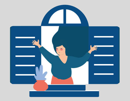 Young woman looks happy and opens the window shutters. Teenager girl breathes the fresh air and opens her arms. Positive vibes, Inner peace, freedom, mental health and lifestyle Concept. Vector stock.のイラスト素材