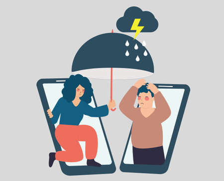Woman helps and supports man with mental health disorders. Female calls and comforts her depressed male friend over the phone. Concept of counselling people with anxiety over social online services.のイラスト素材