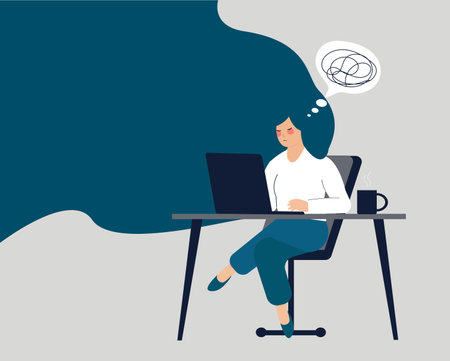 Businesswoman sitting in front of her computer and feeling tired. Entrepreneur woman in the office looking confused by stress. Mental health disorders, anxiety, depression, work stress concept. Vectorのイラスト素材