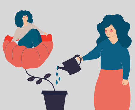 Mother watering and growth flower in which her daughter sits. Woman cares about the her girl. Tutor cares about the children. Concern for each others. Mental health, education, parenting concept.のイラスト素材