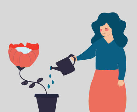 Female watering a rose in the pot. Young woman gardener grows a red flower. Girl takes care of her plants. Earth day, education, green planet, ecology, forestation, Mental health, wellbeing concept.のイラスト素材