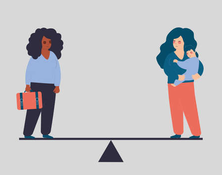 Balance between work and life. Businesswoman vs housewife mother with a baby on her hands both standing on the scales. Working mom are equal. Maternity, career, childcare concept. Vector illustrationのイラスト素材
