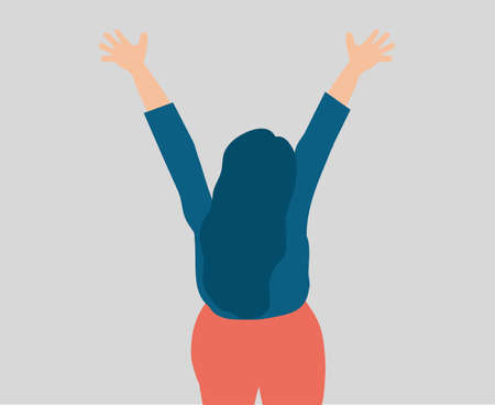 Happy woman with raised hands. A joyful girl joins events with her open arms. Concept of happiness,...