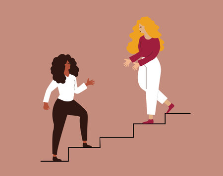Woman supports her workmate to climb career ladder. Two women rise up together on the stairs and help each other. Woman extends a helping hand to her best friend. Concept of women empowerment. Vector.のイラスト素材