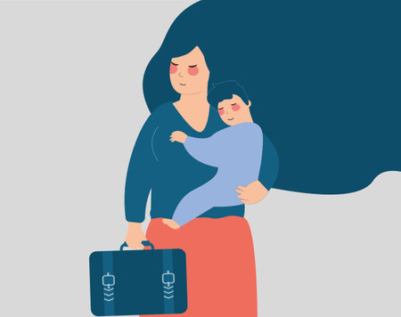 Businesswoman holds her baby boy on one hand and her briefcase in the other side. Working mother going to work. Concept of opportunity on the work during motherhood, work-time balance. Vector stockのイラスト素材