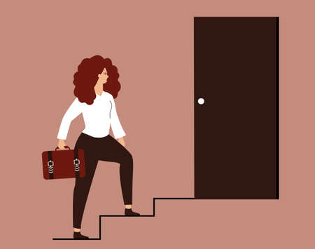 Businesswoman takes steps to success. Young woman climbing up the career ladder. Confident entrepreneur holds a briefcase, rises up on the stairway. Professional goals, women empowerment concept.のイラスト素材