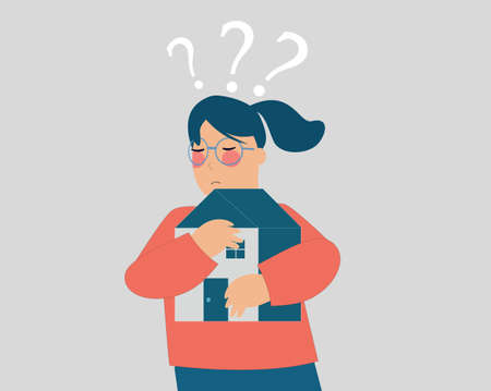 Poor child looks confused. Sad girl without home needs her parents. Young orphan crying, holding her house. Divorce consequences on children, homeless and domestic abuse concept. Vector illustration.のイラスト素材