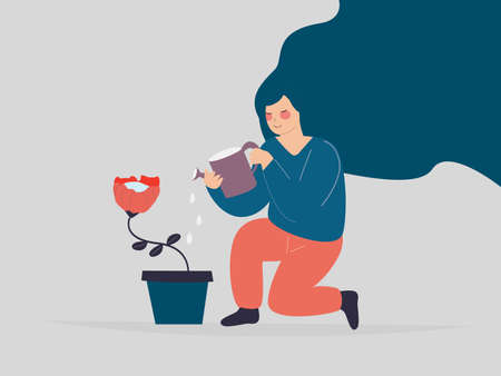 Young Woman watering a flower in the pot. Girl gardener grows a big rose. Female takes care of her plant. Green economy, earth day, green planet forestation, Mental health, wellbeing concept. Vectorのイラスト素材