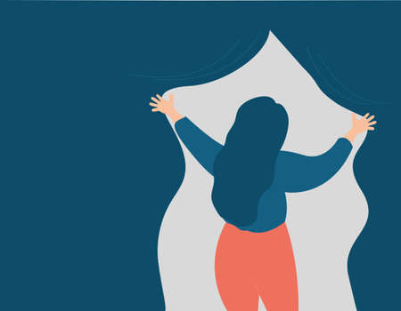 Young woman in back view opens a curtain to discover the truth. A girl opens a cover to see the light. Female with mental illness looks for a solution. Psychological problems, future planning concept.のイラスト素材