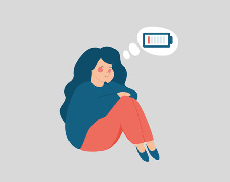 Young woman character sitting and thinking sadly. Adolescent girl with mental illness symptoms. Female having anxiety, stress and depression. Concept of mental health, negative emotions and feelings.のイラスト素材
