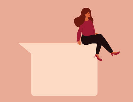 Confident woman sits on a big speech bubble. Caucasian businesswoman sitting on a square bubble. Success, feminism, women empowerment, freedom of speech, chatting concept. Vector illustration.のイラスト素材