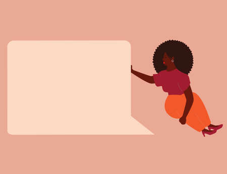 Confident woman sits next to a big speech bubble. Young American businesswoman holds a square conversation bubble. Feminism, women empowerment, freedom of speech, chatting concept. Vector illustrationのイラスト素材