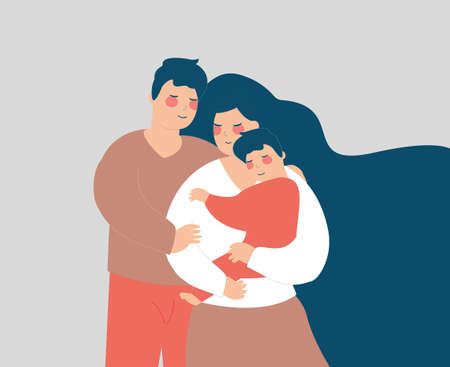 Young couple hug their boy with love and affection. Happy mother and father embrace their child with care. Positive parenting, parents and children, family relationship concept, Vector illustration.のイラスト素材