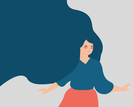 Young woman with flying long hair runs away from something and looks scared. Sad girl looks depressed escapes from the problems in her life. Mental health disorder, fear, domestic violence concept.のイラスト素材