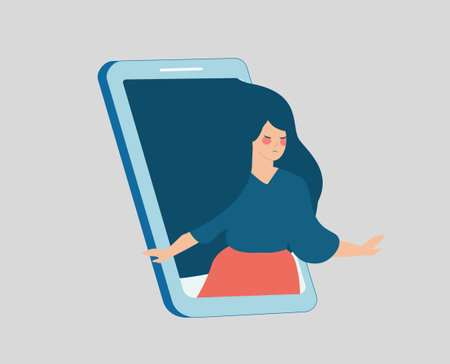 Vulnerable woman runs out of her cellphone. Girl feels solitude and loneliness on social media through mobile. Online network influence on mental health and psychological wellness. Vector illustrationのイラスト素材