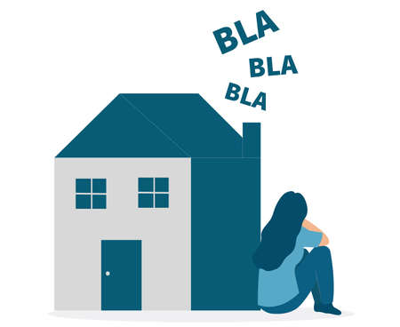 Unhappy woman cries because of her husband. Girl suffers from domestic violence and abuse. Sad girl sits next to her house. Parental divorce, Father and Mother arguing and fighting, family problems.のイラスト素材