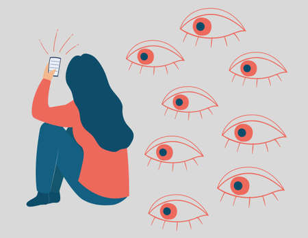 woman being observed from behind. Spywares softwares on mobiles. Spy applications through the smartphones. Big eyes peek at a screen phone of a girl. Spying on private life, social media and internet.のイラスト素材
