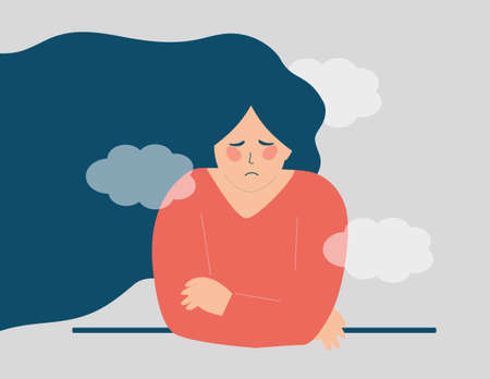 Depressed Young woman with a clouded mind feels sad. Stressed teenager girl suffers from Alzheimer, dementia or amnesia. Mental health disorders, anxiety, depression concept. Vector illustration.のイラスト素材