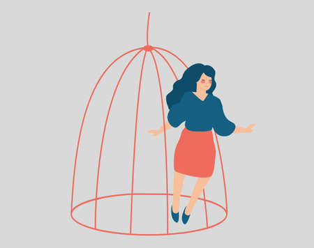 Young woman escaping from a cage. Female or girl steps out of prison and getting out of a tight space. Freedom, mental health issues, women's rights, rehabilitation, taking new opportunities concept.のイラスト素材