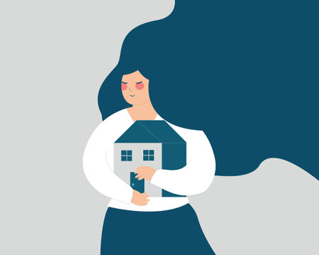Happy woman or single mother embraces her home with love. Young housewife holds her house with care to protect her children. Parenting, stay home, motherhood, women power concept. Vector illustrationのイラスト素材