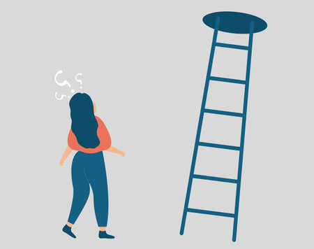 Girl thinks to make a decision about the next step to take in the future. Young woman looks confused, stands next to the stairs and looks to the top . Difficult choice making, doubt, life opportunity.のイラスト素材