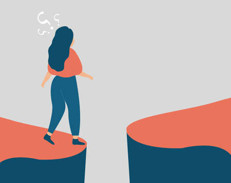 Young woman hesitates to take a difficult move forward into the future. Girl stands on the edge of a cliff and looks to the next step. Concept of indecision, life choice, plans making. Vector stock.のイラスト素材