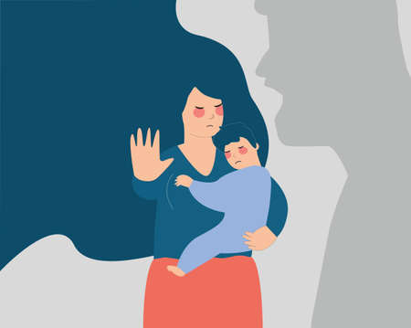 A young mother protects her child from a man's shadow that threats and yell at them. Concept of family abuse, domestic violence, motherhood, negative parenting, Stop bullying children and women.のイラスト素材