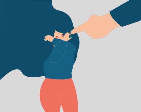 Young woman covers her face with arms from finger pointed at her. Girl closes her face and feeling guilty from a big index finger pointing at her. Stop Bullying women, Mental health disorder concept.のイラスト素材
